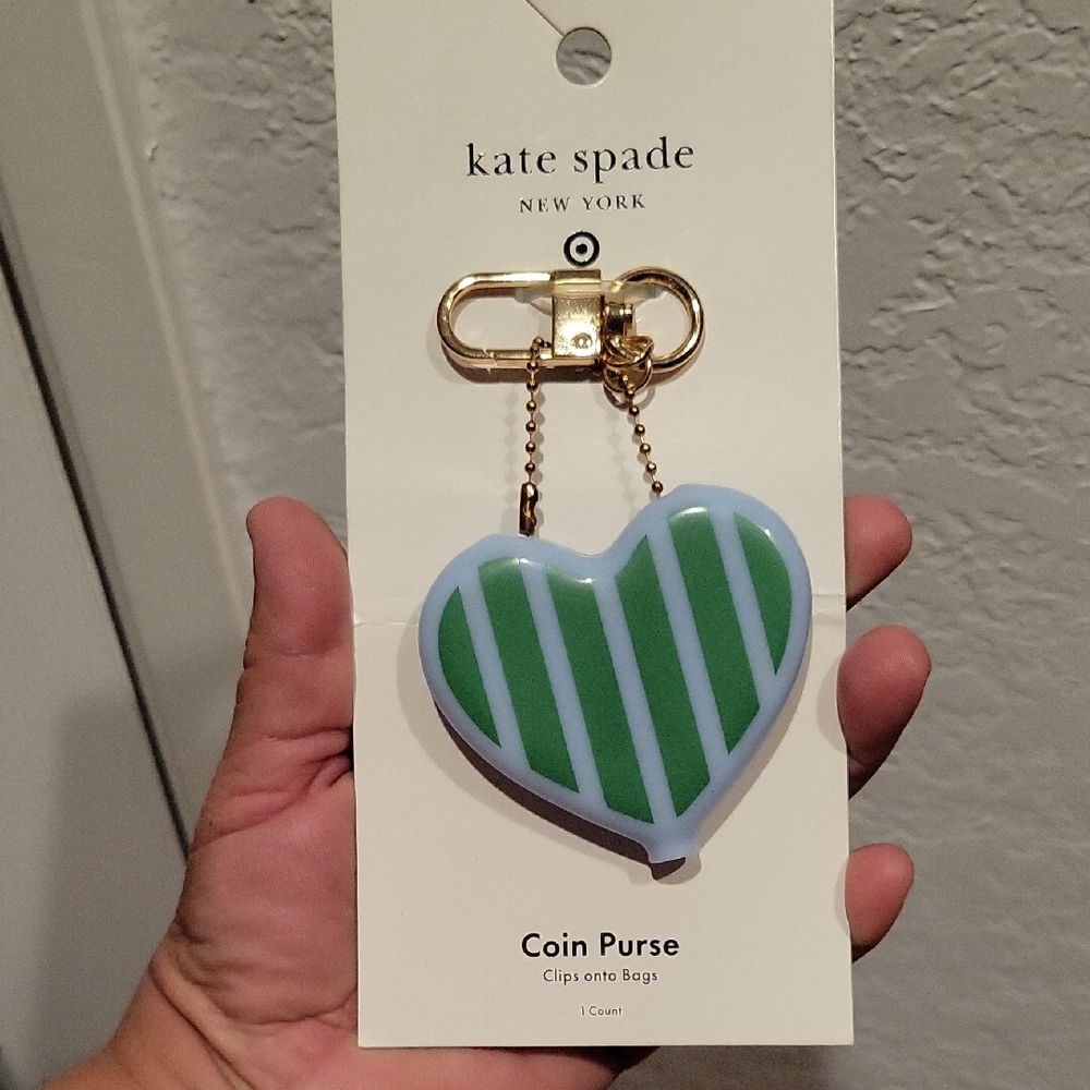 Kate Spade Green Stripe Heart Coin Purse Keychain • NWT Style Accent